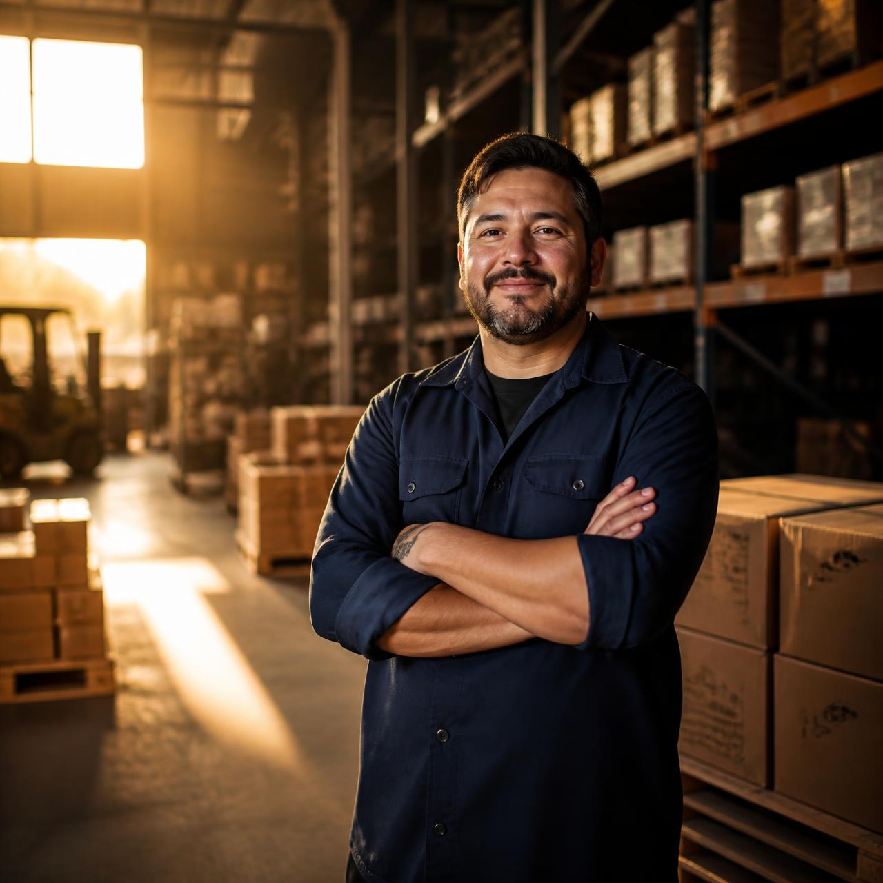Small business owner standing in their warehouse at sunrise